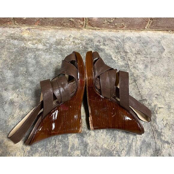 Michael Kors Brown Leather Strappy Platform Wedge Sandal Size 7 - Picture 9 of 11